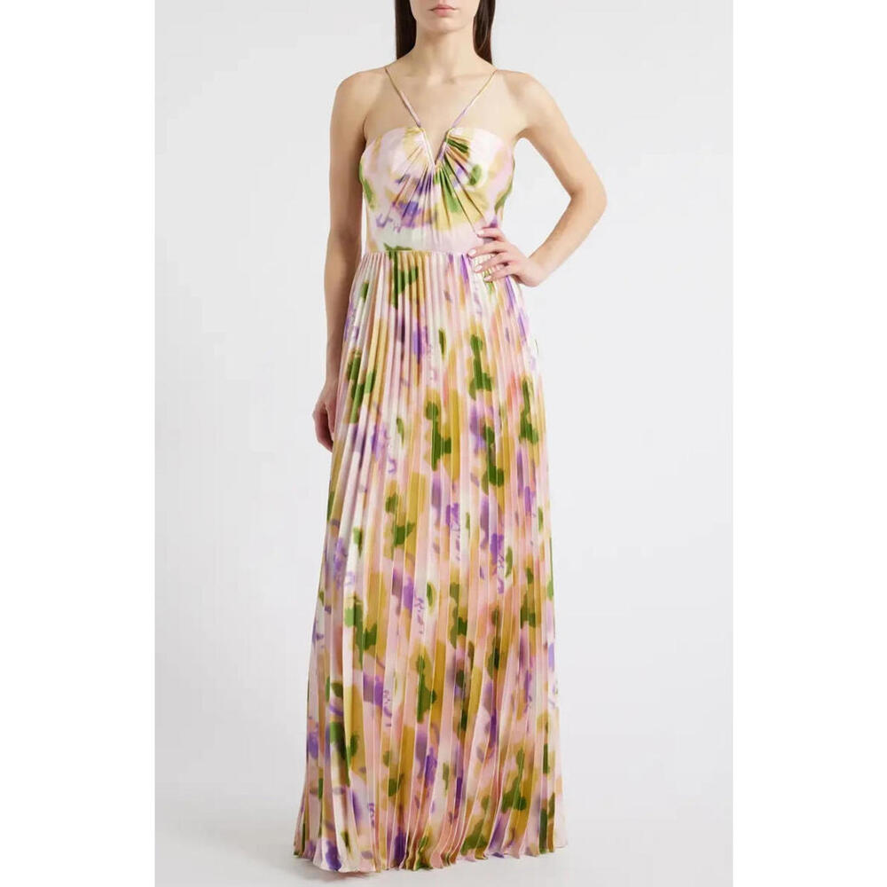 Lulus Cassia Floral Pleated Satin Maxi Gown Pink Multi Formal Dress Size 6